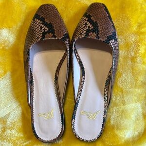 J. Crew Brown and Black Snake Print Mules